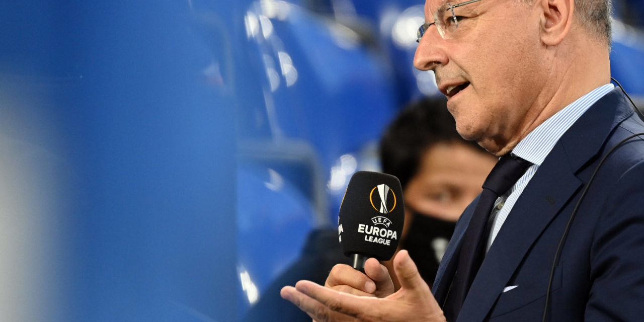 epa08586129 Inter Milan CEO for sport Giuseppe Marotta gives a TV interview before the UEFA Europa League Round of 16 match between Inter Milan and Getafe in Gelsenkirchen, Germany, 05 August 2020. EPA-EFE/Ina Fassbender / POOL