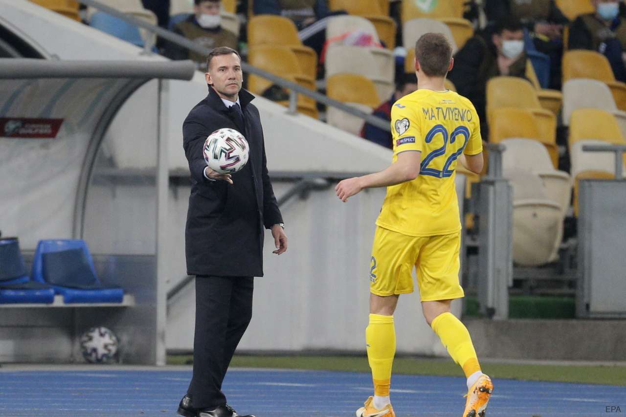 Ukraine coach Andriy Shevchenko and Mykola Matviyenko