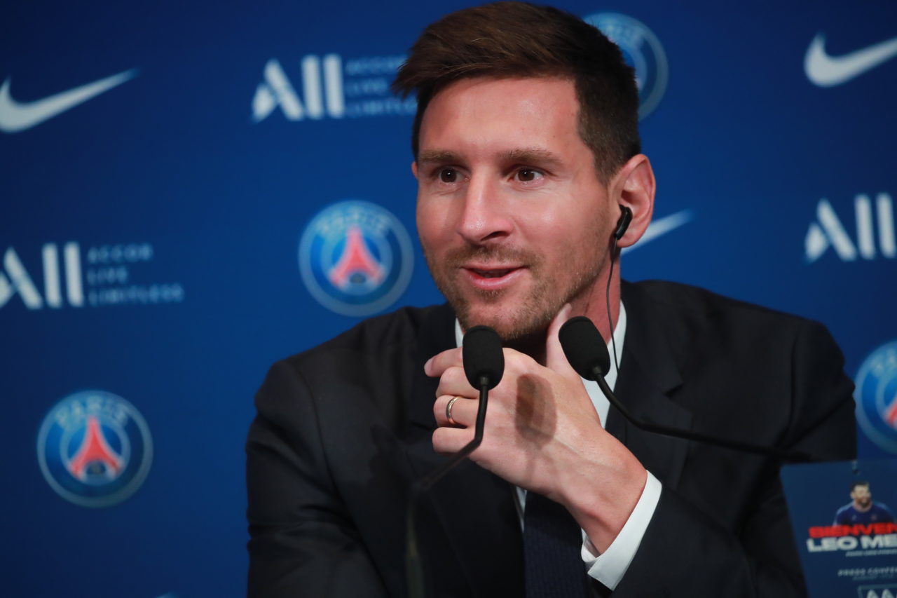 epa09409413 Argentinian striker Lionel Messi during his press conference as part of his official presentation at the Parc des Princes stadium, in Paris, France, 11 August 2021. Messi arrived in Paris on 09 August and signed a contract with French soccer club Paris Saint-Germain. EPA-EFE/CHRISTOPHE PETIT TESSON