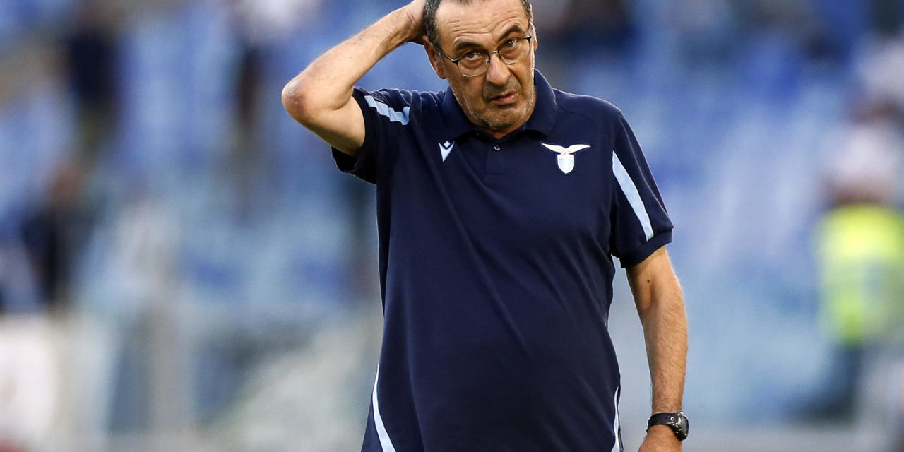 epa09434367 Lazio's coach Maurizio Sarri reacts during the Italian Serie A soccer match SS Lazio vs Spezia Calcio at Olimpico stadium in Rome, Italy, 28 August 2021. EPA-EFE/ANGELO CARCONI