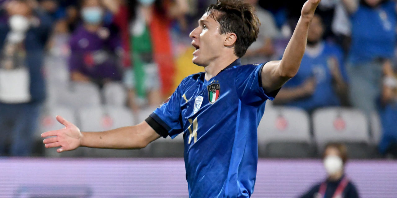 epa09444052 Italy's forward Federico Chiesa reacts during the FIFA World Cup 2022 qualifying soccer match between Italy and Bulgaria at the Artemio Franchi stadium in Florence, Italy, 02 September 2021. EPA-EFE/CLAUDIO GIOVANNINI
