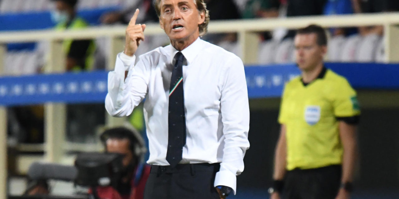 epa09443867 Italy's head coach Roberto Mancini reacts during the FIFA World Cup 2022 qualifying soccer match between Italy and Bulgaria at the Artemio Franchi stadium in Florence, Italy, 02 September 2021. EPA-EFE/CLAUDIO GIOVANNINI