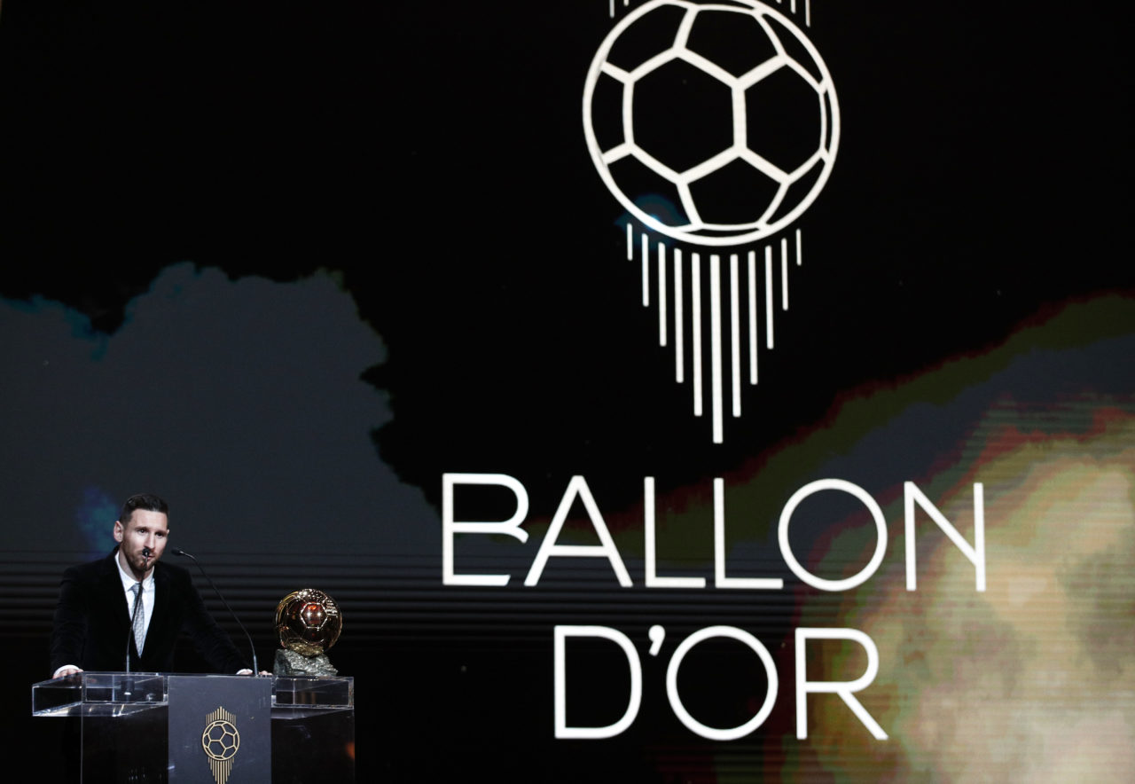 epa08040289 Barcelona forward Lionel Messi speaks after being awarded the Men's 2019 Ballon d'Or at the Ballon d'Or ceremony at Theatre du Chatelet in Paris, France, 02 December 2019. EPA-EFE/YOAN VALAT