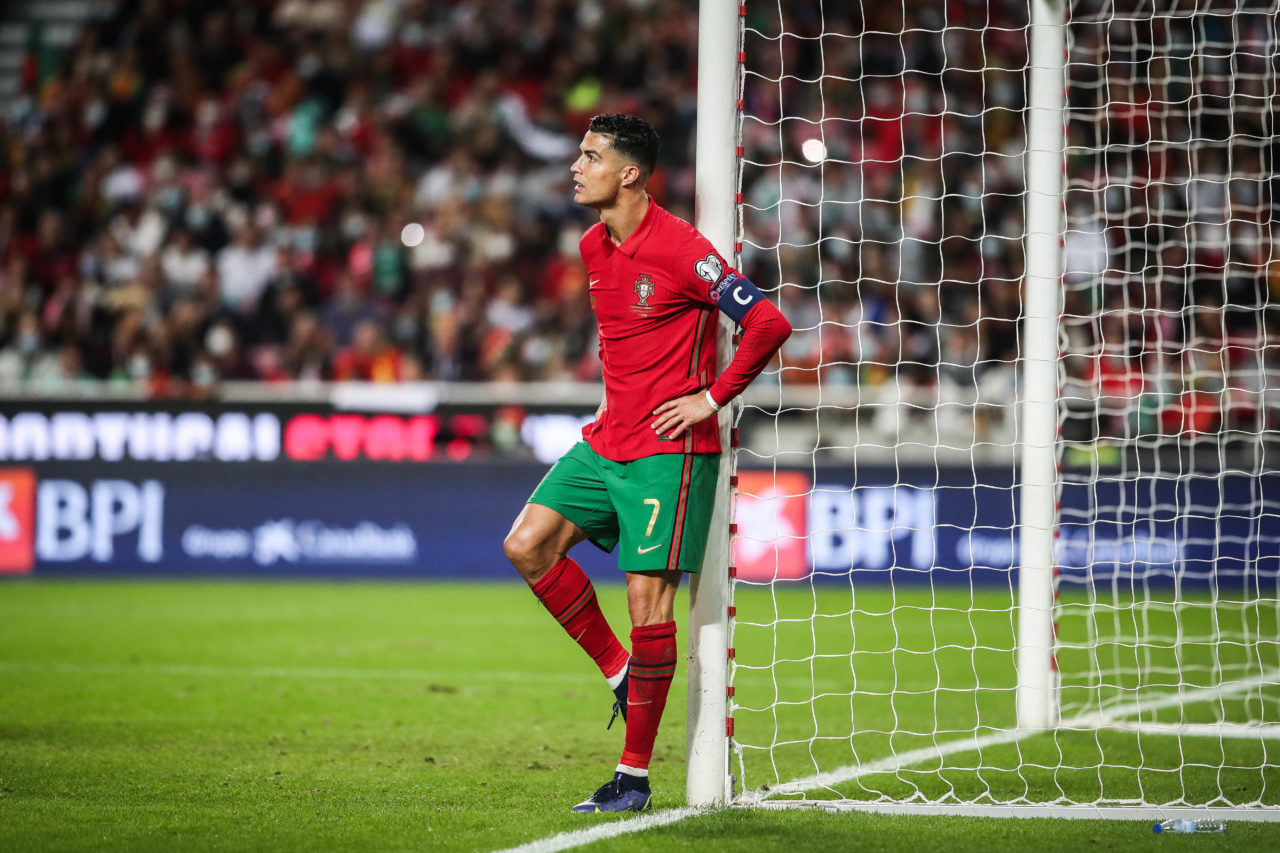 epa09582563 Portugal's Cristiano Ronaldo reacts after the FIFA World Cup 2022 qualifying group A soccer match against Serbia at Luz stadium, in Lisbon, Portugal, 14 November 2021. EPA-EFE/MARIO CRUZ