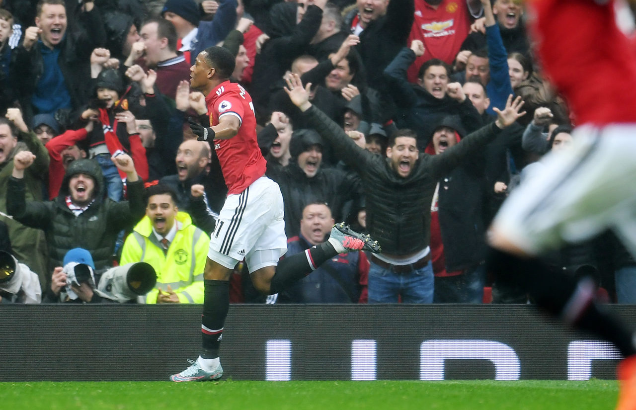epa06294876 Manchester United's Anthony Martial celebrates after scoring against Tottenham during an English Premier League soccer match at Old Trafford in Manchester, Britain, 28 October 2017. EPA-EFE/ANDY RAIN EDITORIAL USE ONLY. No use with unauthorized audio, video, data, fixture lists, club/league logos or 'live' services. Online in-match use limited to 75 images, no video emulation. No use in betting, games or single club/league/player publications