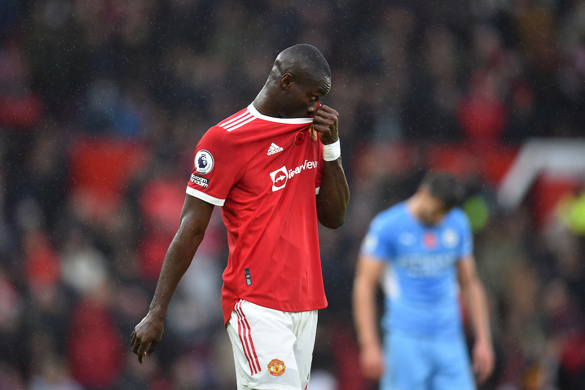 epa09567673 Eric Bailly of Manchester United reacts during the English Premier League soccer match between Manchester United and Manchester City in Manchester, Britain, 06 November 2021