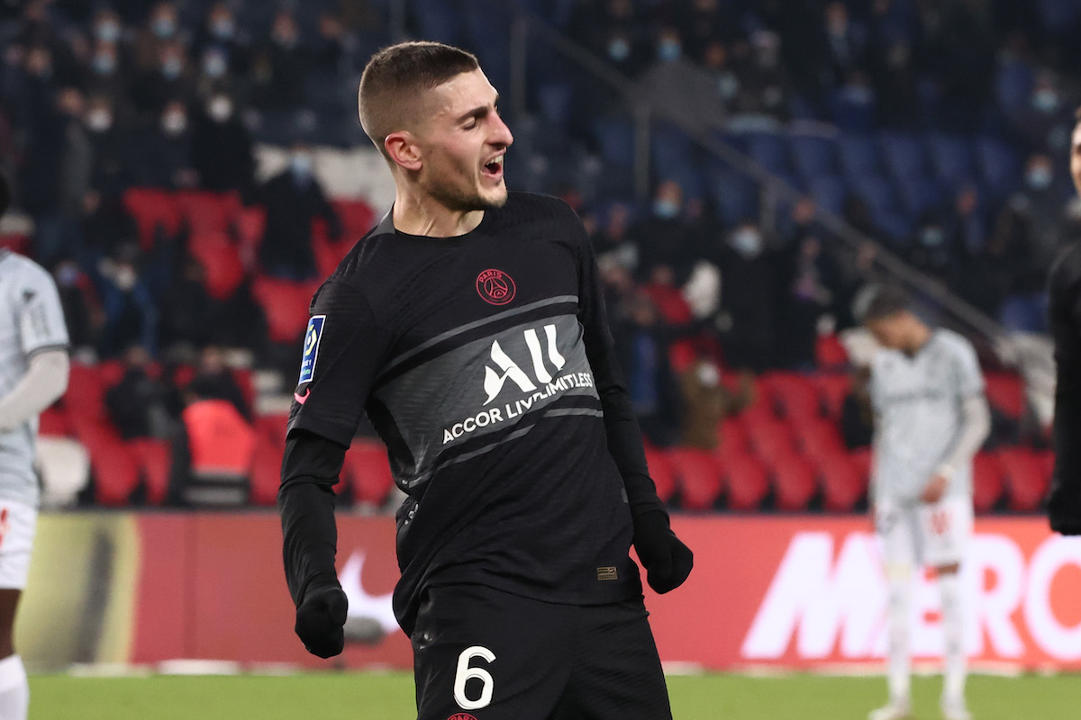 epa09705457 Paris Saint Germain's Marco Verratti celebrates after scoring the first goal during the French Ligue 1 soccer match between PSG and Stade Reims at the Parc des Princes stadium in Paris, France, 23 January 2022. EPA-EFE/Christophe Petit Tesson