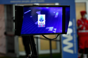 epa09733396 The VAR monitor is seen during the Italian Serie A soccer match Udinese Calcio vs Torino FC at the Friuli - Dacia Arena stadium in Udine, Italy, 06 February 2022. EPA-EFE/ETTORE GRIFFONI