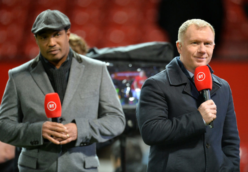epa08131903 Former Manchester United players Paul Ince (L) and Paul Scholes working for a Tv broadcaster during the English FA Cup 3rd round replay match between Manchester United and Wolverhampton Wanderers in Manchester, Britain, 15 January 2020. EPA-EFE/PETER POWELL EDITORIAL USE ONLY. No use with unauthorized audio, video, data, fixture lists, club/league logos or 'live' services. Online in-match use limited to 120 images, no video emulation. No use in betting, games or single club/league/player publications.