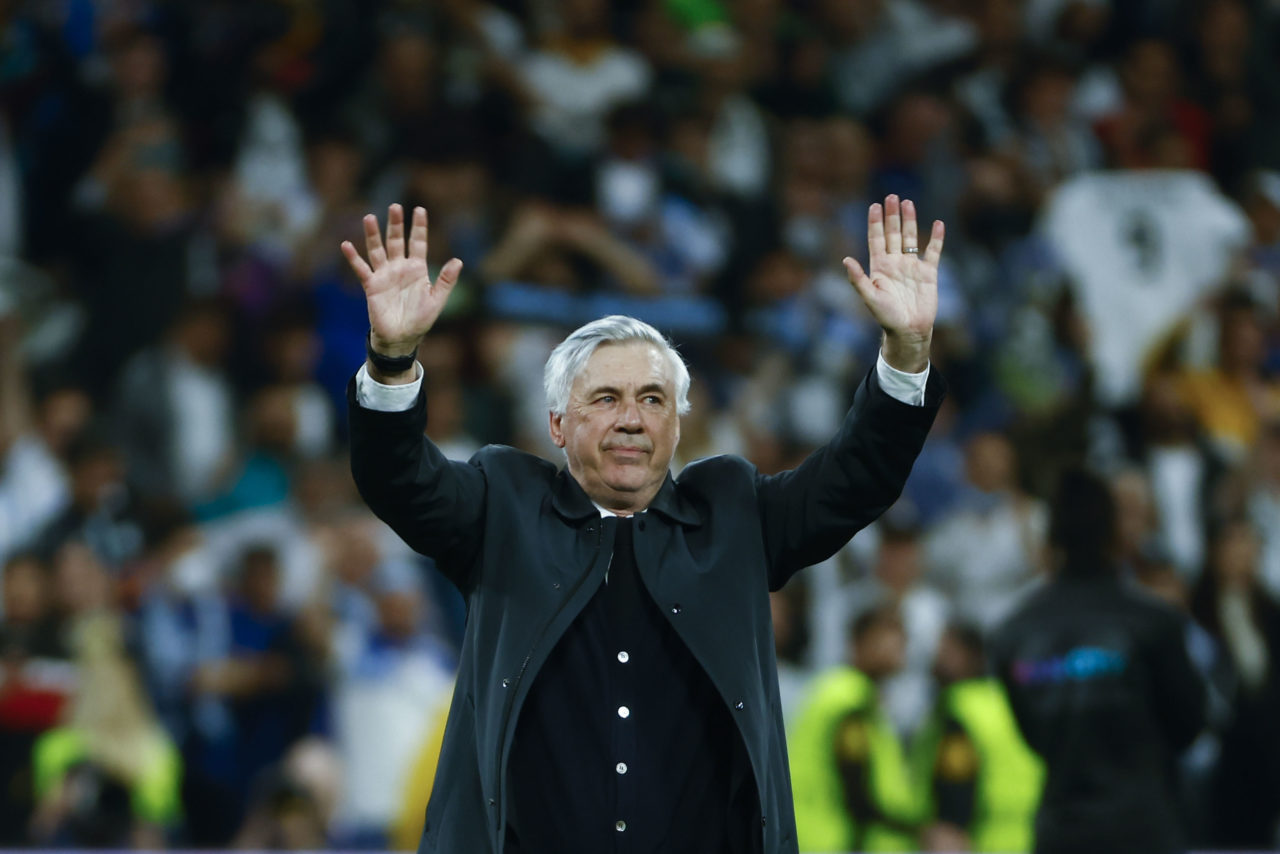 epa09927307 Real Madrid's head coach Carlo Ancelotti celebrates their victory following the UEFA Champions League semifinals' second leg soccer match between Real Madrid and Manchester City held at Santiago Bernabeu Stadium, in Madrid, Spain, 04 May 2022. EPA-EFE/Sergio Perez