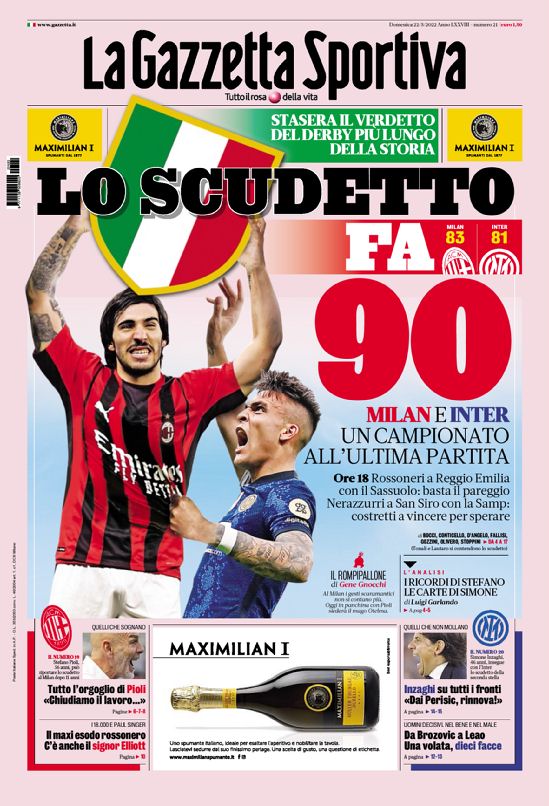 Koran Hari Ini – Scudetto Milan dan Inter dalam 90 menit, Gravina memanggil Chiellini