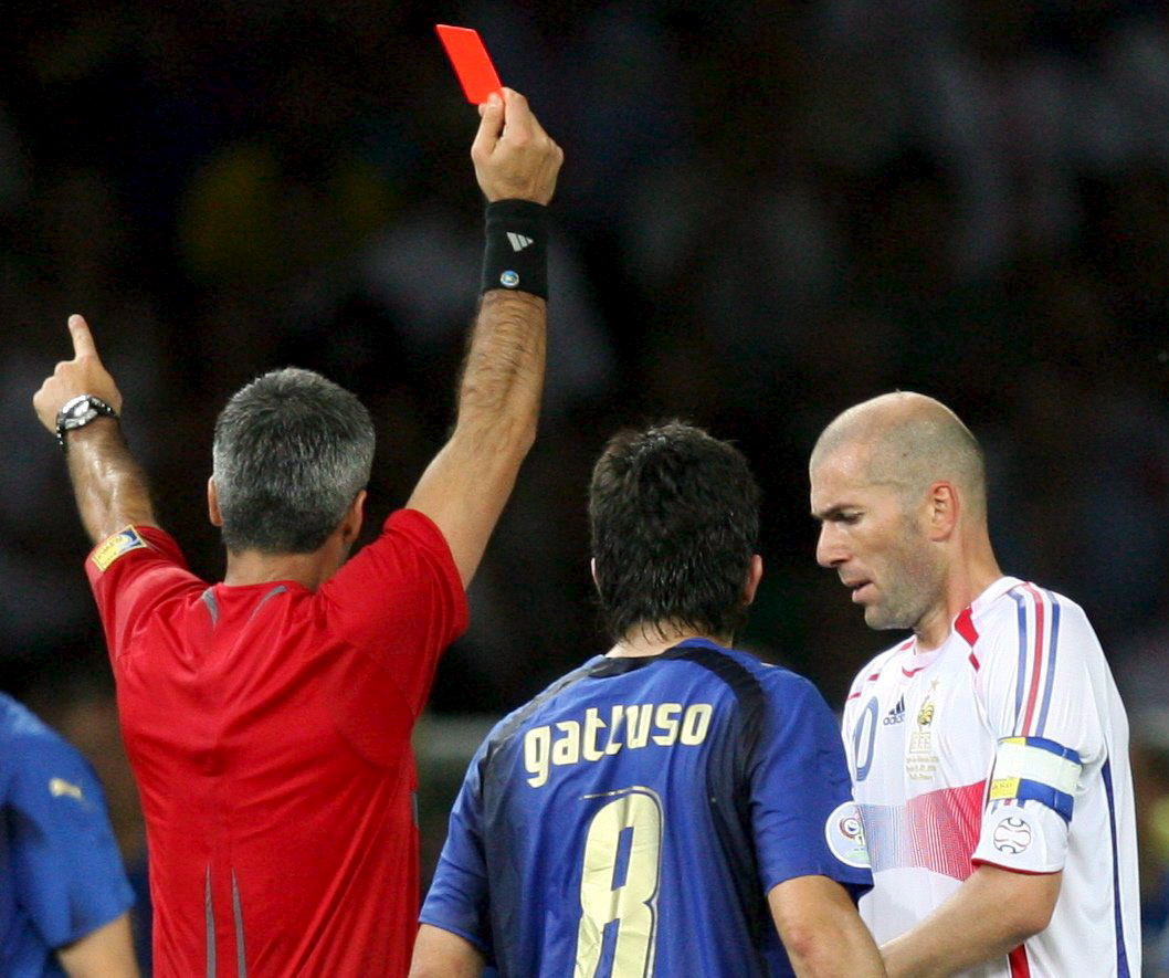 epa01094124 (FILE) A file photograph showing Zinedine Zidane from France is shown the red card by referee Horazio Elizondo during the final of the 2006 FIFA World Cup between Italy and France at the Olympic Stadium in Berlin, Germany, Sunday 09 July 2006. Italy's World Cup winning defender Marco Materazzi revealed 18 August 2007, that he had told French icon Zinedine Zidane during last year's final that he preferred his 'whore of a sister' to his shirt. It was this comment that led to Zidane headbutting Materazzi in the chest and being dramatically sent off. That incident preceded France losing the final in a penalty shoot-out. EPA/OLIVER BERG +++ Mobile Services OUT +++ Please refer to FIFA's Terms and Conditions. *** Local Caption *** 00000400767937