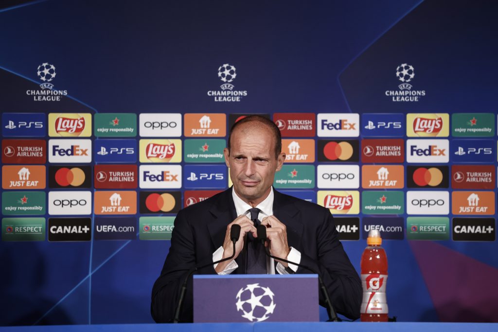 epa10162165 Juventus' head coach Massimiliano Allegri attends a press conference at the Parc des Princes stadium in Paris, France, 05 September 2022. Juventus will play PSG on 06 September 2022 in their UEFA Champions League group H soccer match. EPA-EFE/YOAN VALAT