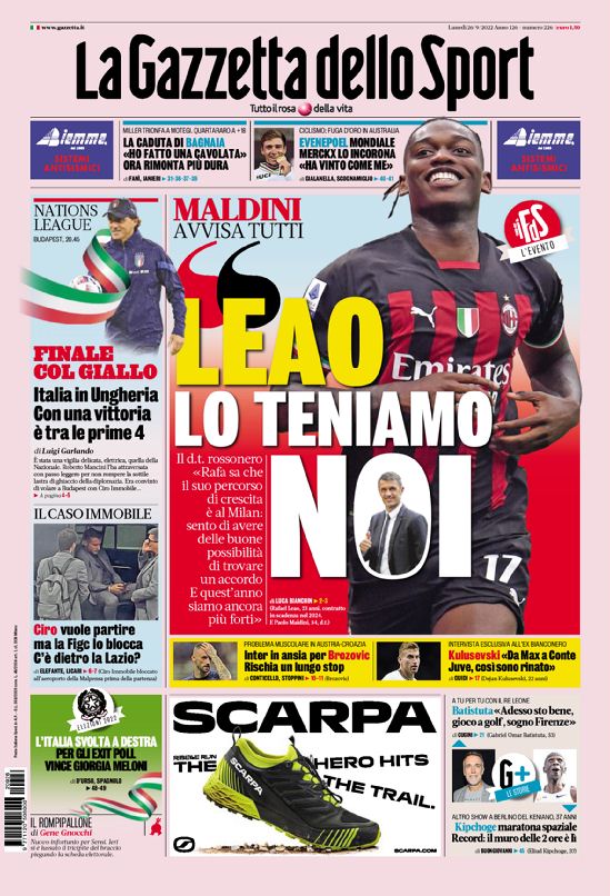 Today’s Papers – Milan keeping Leao, Italy in Hungary