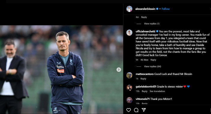 Marchetti slams ‘fake’ Genoa boss Blessin after sacking
