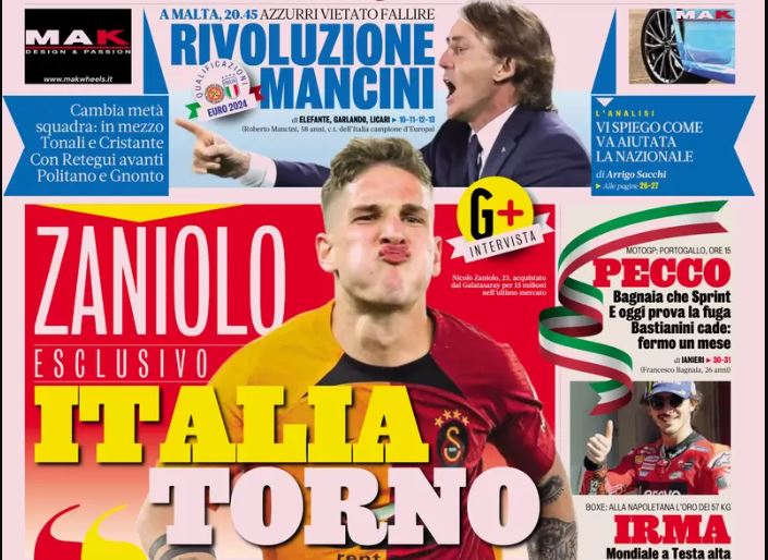 Today’s Papers: Italy can’t fail, Zaniolo blames ex-Roma teammates